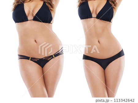 Transformation, weightloss and body of woman on a white background for diet, detox and wellness. Health, change and before after stomach of isolated person for workout, exercise and fitness in studio 113342642