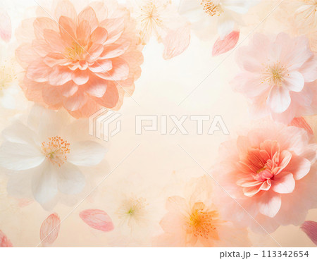 ふんわり柔らかい雰囲気の満開の花の背景イラスト（AI生成画像） 113342654
