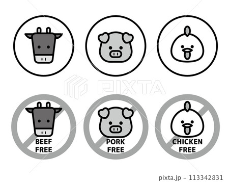 牛豚鶏マークセット 不使用 モノクロ 牛豚鶏マークセット 不使用 モノクロ 113342831