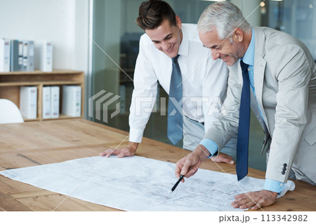 CEO, businessman and architect with building layout, plan and vision for expanding in office for space. Executive, employer and designer at desk, company and meeting for blueprint idea in project 113342982