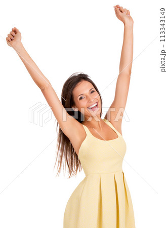 Happy woman, portrait and fashion with freedom for winning, deal or discount on a white studio background. Excited female person or model with smile in yellow dress or satisfaction on mockup space Happy woman, portrait and fashion with freedom for winning, deal or discount on a white studio background. Excited female person or model with smile in yellow dress or satisfaction on mockup space 113343149