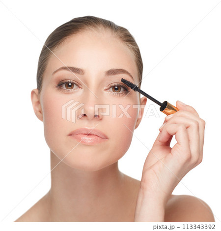 Woman, face and skincare for beauty, mascara and makeup with lashes and cosmetology on white background. Portrait, wand for eyelash extension and skin, glow or shine with cosmetics product in studio Woman, face and skincare for beauty, mascara and makeup with lashes and cosmetology on white background. Portrait, wand for eyelash extension and skin, glow or shine with cosmetics product in studio 113343392