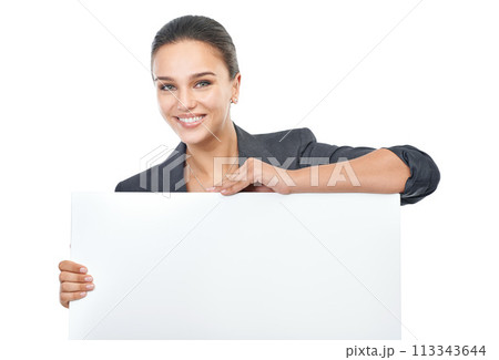 Woman, advertising and billboard with mockup space in studio, portrait and information for market sales. Girl, poster and announcement for promotion, placard and communication with white background Woman, advertising and billboard with mockup space in studio, portrait and information for market sales. Girl, poster and announcement for promotion, placard and communication with white background 113343644