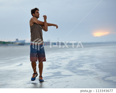 Holiday, stretching and beach with man, fitness and vacation with summer break and morning. Person, ocean and guy with wellness or seaside with with exercise, peaceful and water with health or travel Holiday, stretching and beach with man, fitness and vacation with summer break and morning. Person, ocean and guy with wellness or seaside with with exercise, peaceful and water with health or travel 113343677