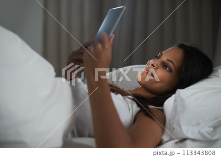 Bed, sleeping and woman on social media with tablet, online and connection to internet for app. Bedroom, smile and communication with digital and female person on dating site with technology 113343808