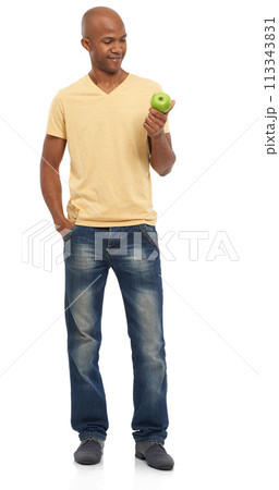 Black man, apple for health and nutrition, diet or detox with vegan life isolated on white background. Organic, fresh and green with fruit, wellness and healthy food for weight loss in studio 113343831