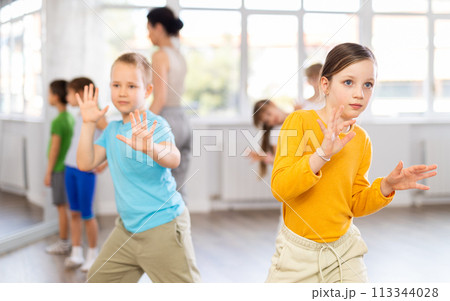 Dance lesson for children - girls and boys learn modern dances in pairs Dance lesson for children - girls and boys learn modern dances in pairs 113344028