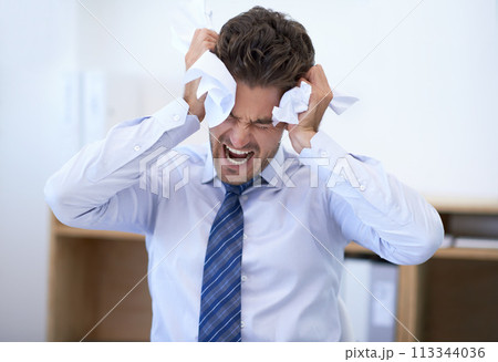 Businessman, head and angry with crumpled paper, burnout and mistake for frustration, debt and headache. Stressed employee, worker and report for bills, worried and failure with audit or deadline Businessman, head and angry with crumpled paper, burnout and mistake for frustration, debt and headache. Stressed employee, worker and report for bills, worried and failure with audit or deadline 113344036