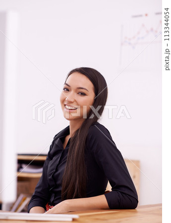Office, professional and portrait of business Asian woman with confidence, pride and positive attitude. Creative startup, consultant and worker at desk for career, job and working in modern building 113344054