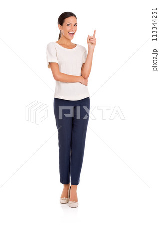Pointing up, business and portrait of woman on a white background for advertising, mockup space and news. Hand gesture, professional and isolated person for promotion, announcement and sign in studio 113344251
