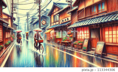 雨上がりの昭和商店街 113344306