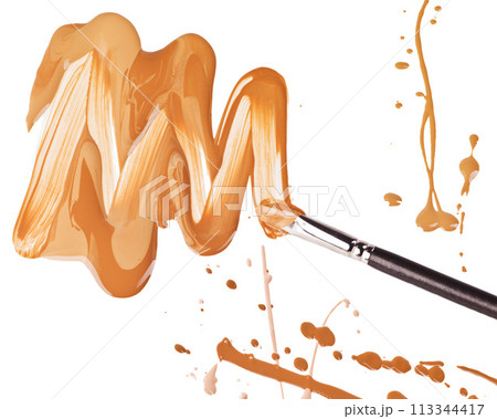Brush, stroke and liquid of makeup, cosmetic or foundation for beauty, color or creativity isolated on white background. Abstract, tools or smudge of product for concealer, art or skin care in studio 113344417