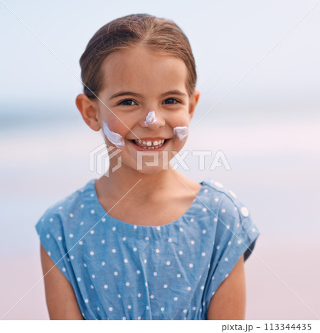 Little girl, portrait and outdoors with sunscreen, smile and cheerful on holiday vacation. Young daughter, happy and cute confidence for getaway, fun and sunblock for protection and summertime Little girl, portrait and outdoors with sunscreen, smile and cheerful on holiday vacation. Young daughter, happy and cute confidence for getaway, fun and sunblock for protection and summertime 113344435