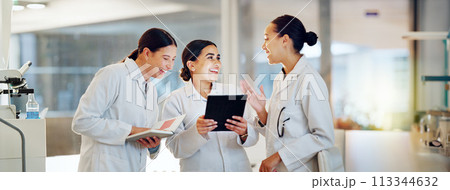 Scientist, teamwork and tablet for planning research, medical feedback and results or internship group training. Students, doctors or science women with digital technology, notebook and collaboration 113344632