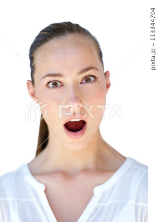 Studio, surprise or portrait of woman with shock, open mouth and wow expression for news or gossip. Sale, isolated white background or face of a person in disbelief for announcement, deal or discount 113344704