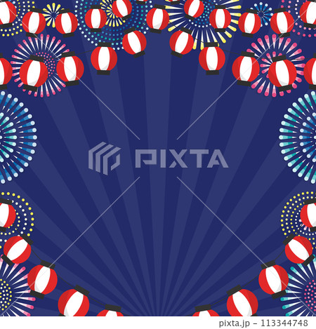 打ち上げ花火とちょうちん、集中線の背景（正方形） 113344748