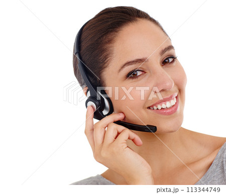 Portrait, customer service and woman with headphones, call center and tech support isolated on a white studio background. Face, person and insurance agent with headset and telemarketing consultant 113344749