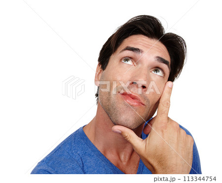 Man, thinking and studio with vision for ideas with looking up with isolated on white background with hand sign. Male person, reflection and confidence with brainstorming, curious and wonder 113344754