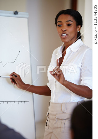 Black woman, business and presentation with workshop for company sales growth or corporate training with coaching or mentor. Meeting, presenter or speaker with teamwork, advice or charts with economy 113344805