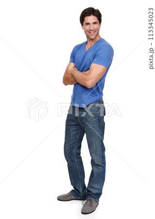 Man, studio and portrait with smile for fashion with casual outfit with arms crossed with confidence. Male person, white background and happy with informal style for confident pose with pride 113345023