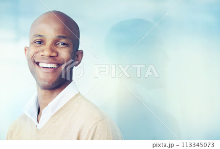 Smile, happy and portrait of businessman with mockup space for promotion, advertising and show isolated on blue background. Male person, professional and employee in corporate career for banking Smile, happy and portrait of businessman with mockup space for promotion, advertising and show isolated on blue background. Male person, professional and employee in corporate career for banking 113345073