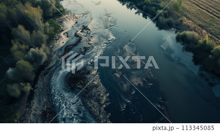 Overhead shot capturing the serene flow of a winding river with textured sandbanks, surrounded by lush vegetation at twilight. 113345085
