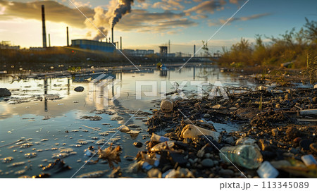 Sunset view of a littered shore foregrounding an industrial plant, highlighting environmental pollution issues. 113345089