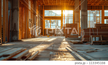 Golden sunlight streams through the windows of a building under construction, highlighting materials and the wooden framework. Golden sunlight streams through the windows of a building under construction, highlighting materials and the wooden framework. 113345108