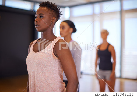 Dancer, African woman and training in studio with vision for choreography, moving and exercise for art. Girl, person and dancing in class for ballet, performance and workout with idea for creativity Dancer, African woman and training in studio with vision for choreography, moving and exercise for art. Girl, person and dancing in class for ballet, performance and workout with idea for creativity 113345119