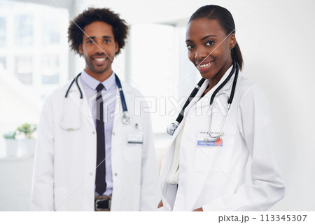 Portrait, healthcare and doctor team with stethoscope, smile and wellness in hospital. Medical, expert or professional teamwork at clinic or support facility, confident or happy employees in medicine Portrait, healthcare and doctor team with stethoscope, smile and wellness in hospital. Medical, expert or professional teamwork at clinic or support facility, confident or happy employees in medicine 113345307