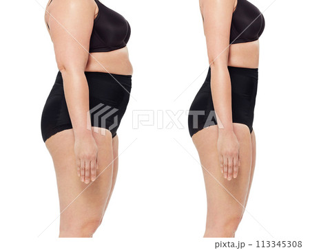 Transformation, weightloss and stomach of woman in studio for diet, lose weight and wellness. Health, before after and body of isolated person for workout, exercise and fitness on white background 113345308