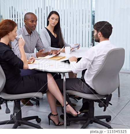 People, paper or feedback on business, sales or work performance by human resources management team. Businessman, worker or document as corporate, review or professional communication in office People, paper or feedback on business, sales or work performance by human resources management team. Businessman, worker or document as corporate, review or professional communication in office 113345325