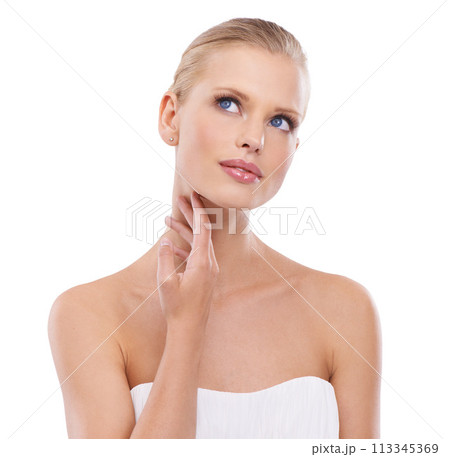 Face, beauty and skincare for model women person, thinking and in studio isolated on white background. Cosmetic, makeup or dermatology for healthy skin, natural aesthetic and lipstick or cosmetology 113345369