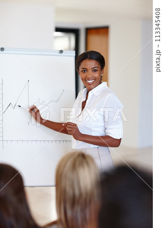 Black woman, business people and presentation with graphs, finance and corporate training with accounting and funding report. Professional, presenter and speaker with teamwork and charts with economy 113345408