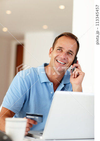 Man, phone call or credit card in ecommerce, online shopping or forex trading as investment growth. Customer, mobile or laptop by thinking of internet, transaction or payment to buy, nft or software 113345457