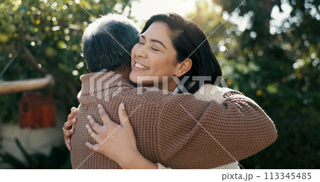 Woman, nature or senior father hug for bonding, support or love in backyard of a family house. Old man, smile or mature parent with a happy daughter in outdoor porch together on holiday vacation 113345485