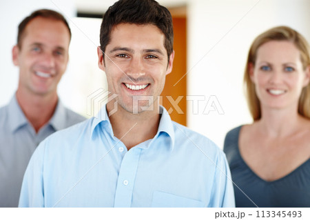 Smile, human resources and portrait of businessman in office for teamwork, support and recruitment planning. Corporate, happy and male person with employees for collaboration, onboarding and meeting 113345493