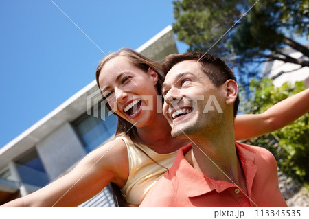 Outdoors, couple and piggyback on weekend for love, marriage and bonding by flying game. Happy people, freedom and laughing on holiday for humor and commitment to fun, loyalty and connection on date Outdoors, couple and piggyback on weekend for love, marriage and bonding by flying game. Happy people, freedom and laughing on holiday for humor and commitment to fun, loyalty and connection on date 113345535