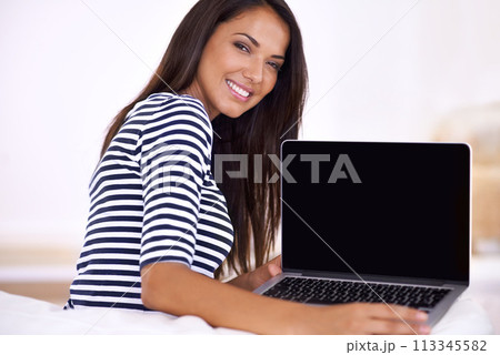 Woman, laptop screen and mockup for tech advertising, smile for UX with website or ads for information. Portrait for online presentation, digital marketing and software with PC, network and internet 113345582