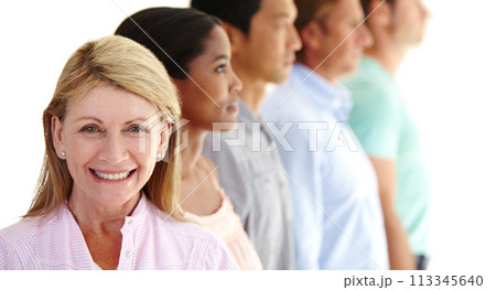 Group, people and face of woman with smile for community, diversity and demographic or population on white background. Leader, ceo and boss in corporate career with staff, employees and workers 113345640