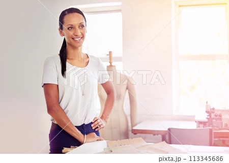 Woman, thinking and seamstress in creative studio for fashion manufacturing at small business for retail, textile or tailor. Female person, clothing pattern and thoughts for product, idea or start up Woman, thinking and seamstress in creative studio for fashion manufacturing at small business for retail, textile or tailor. Female person, clothing pattern and thoughts for product, idea or start up 113345686