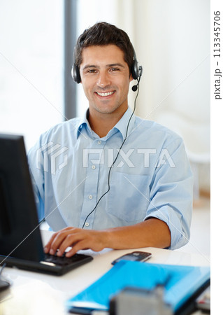 Computer, portrait and businessman consulting for call center in office with crm, faq or b2b networking. Microphone, telemarketing or face of happy male consultant with pc, help and customer support 113345706