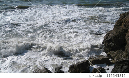 奇岩に打ち寄せる日本海の白波 113345813