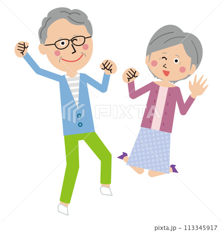 ポップなアクティブなシニア男女　2人の男女が笑顔でジャンプ 113345917