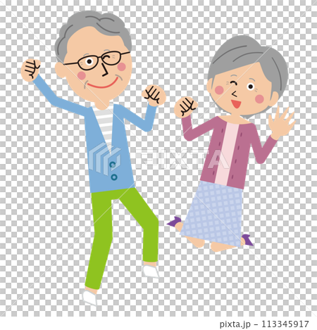 ポップなアクティブなシニア男女　2人の男女が笑顔でジャンプ 113345917