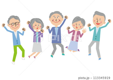 ポップなシニア男女 5人の男女が笑顔でジャンプ ポップなシニア男女 5人の男女が笑顔でジャンプ 113345919