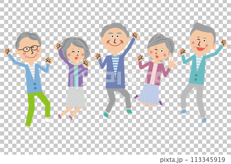 ポップなシニア男女 5人の男女が笑顔でジャンプ ポップなシニア男女 5人の男女が笑顔でジャンプ 113345919