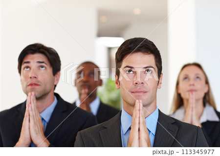 Business people, pray and audience for gratitude, religion and faith for company venture to complete professional project. Group or coworker with trust and belief in organisation at corporate event Business people, pray and audience for gratitude, religion and faith for company venture to complete professional project. Group or coworker with trust and belief in organisation at corporate event 113345977
