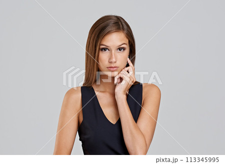 Fashion, glamour and portrait of woman in dress with mockup, luxury and space in studio. Classic, chic and elegant style with girl on white background in designer clothes, pride and formal aesthetic Fashion, glamour and portrait of woman in dress with mockup, luxury and space in studio. Classic, chic and elegant style with girl on white background in designer clothes, pride and formal aesthetic 113345995