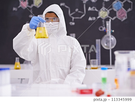 Science, laboratory and scientist with sample in beaker for medical research, analysis and vaccine development. Healthcare, pharmaceutical and person with vial for medicine, experiment and study 113345999